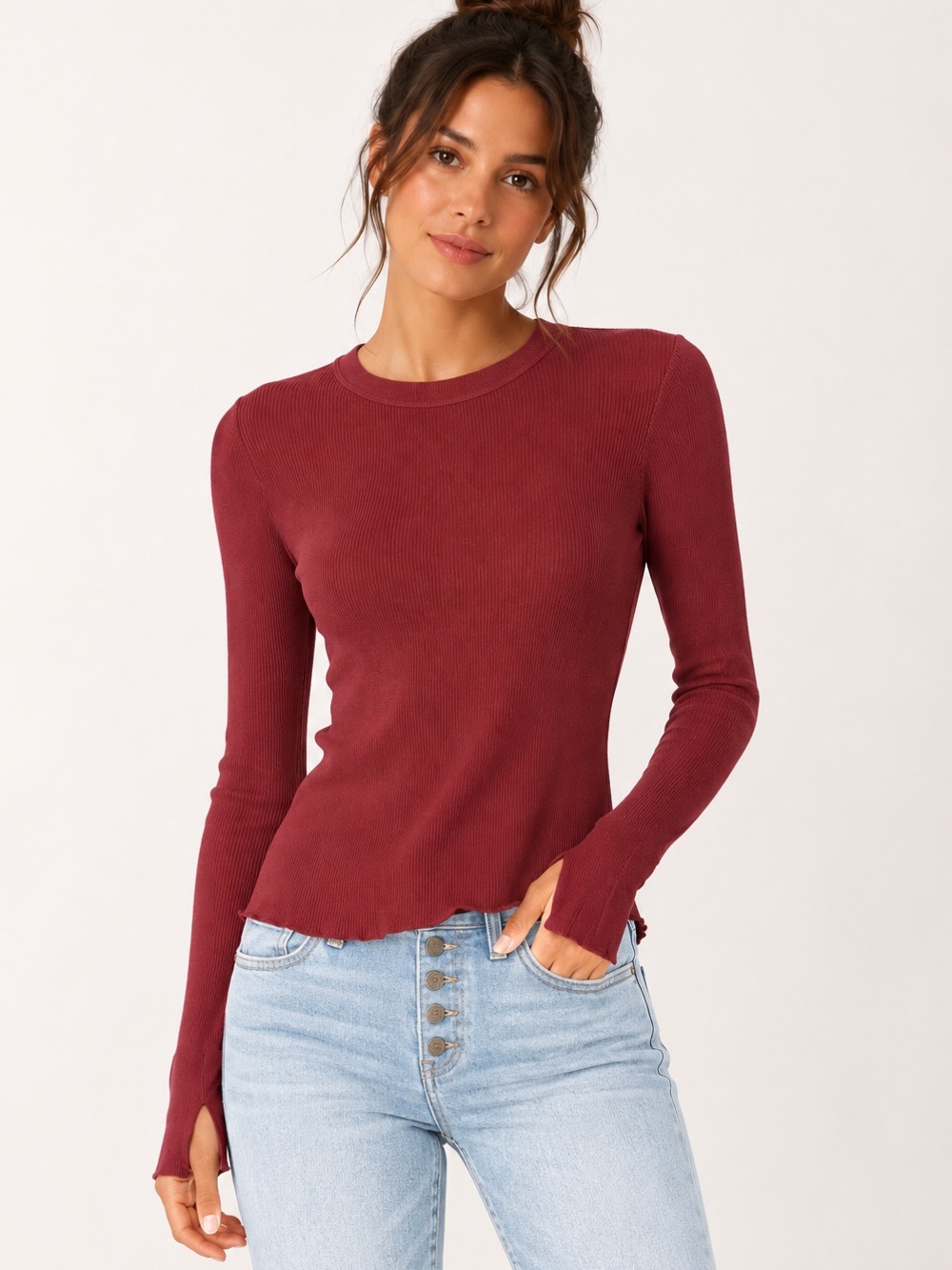 Spiritual Gangster Ribbed Thumbhole Long Sleeve Top | Made in USA | Small